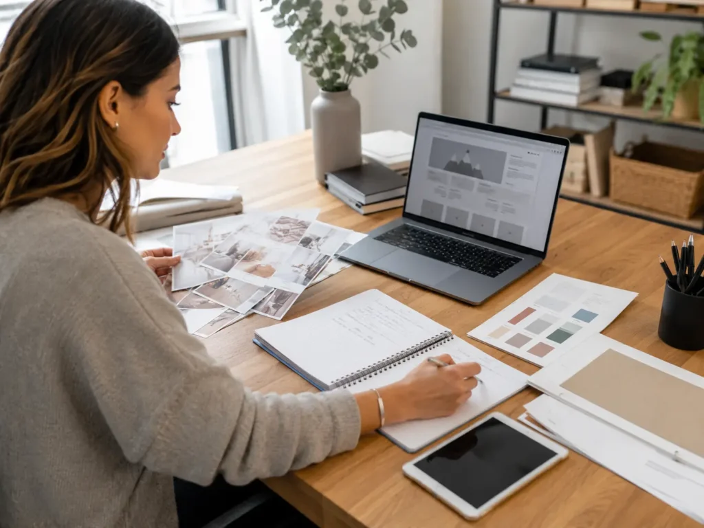 Small business owner organizing website files, brand assets, photos, and notes for what to send to a web designer before a design call.