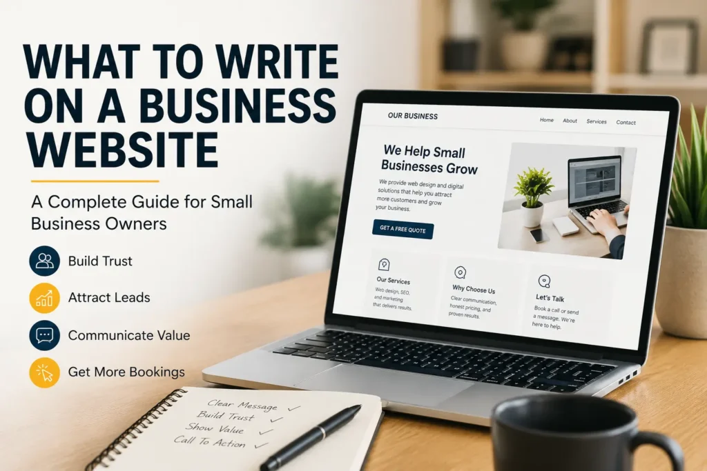 Featured image for what to write on a business website, showing a laptop with small business website copy, trust signals, lead generation tips, and booking-focused messaging.