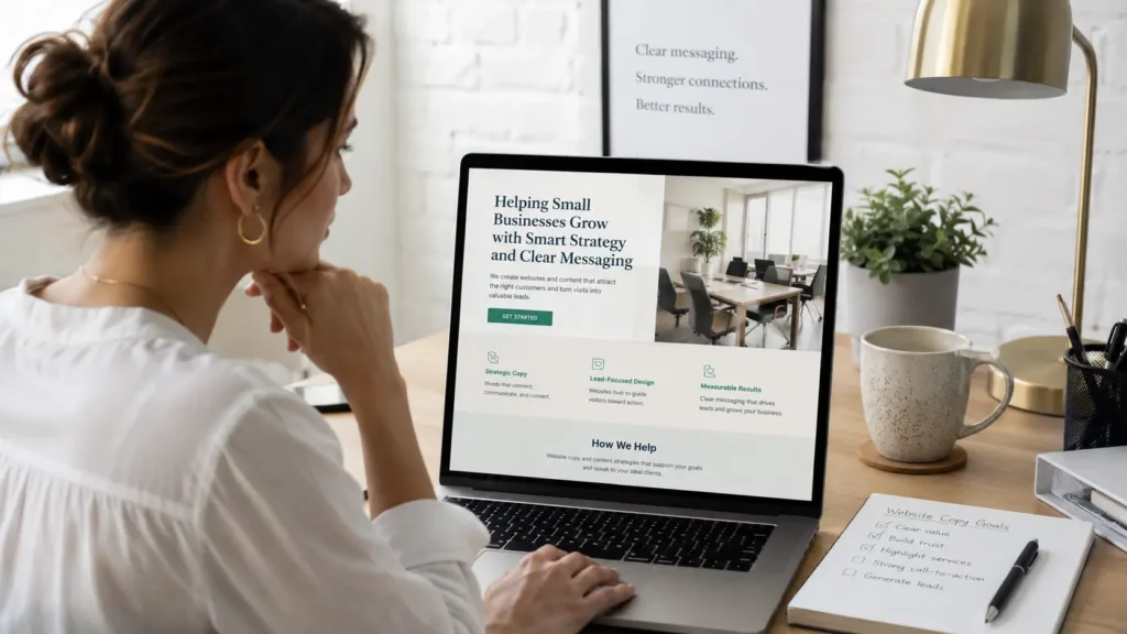 Small business owner reviewing website copy on a laptop while planning what to write on a business website to build trust, attract leads, and increase bookings.