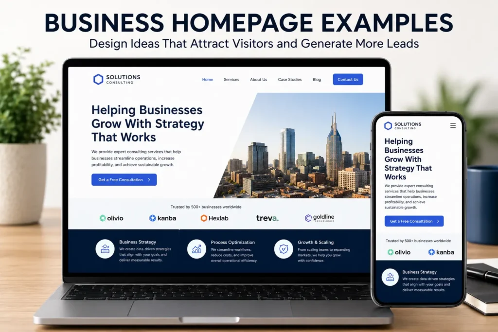 Business homepage examples displayed on a laptop and smartphone with a clear headline, trust signals, services, and lead generation buttons.