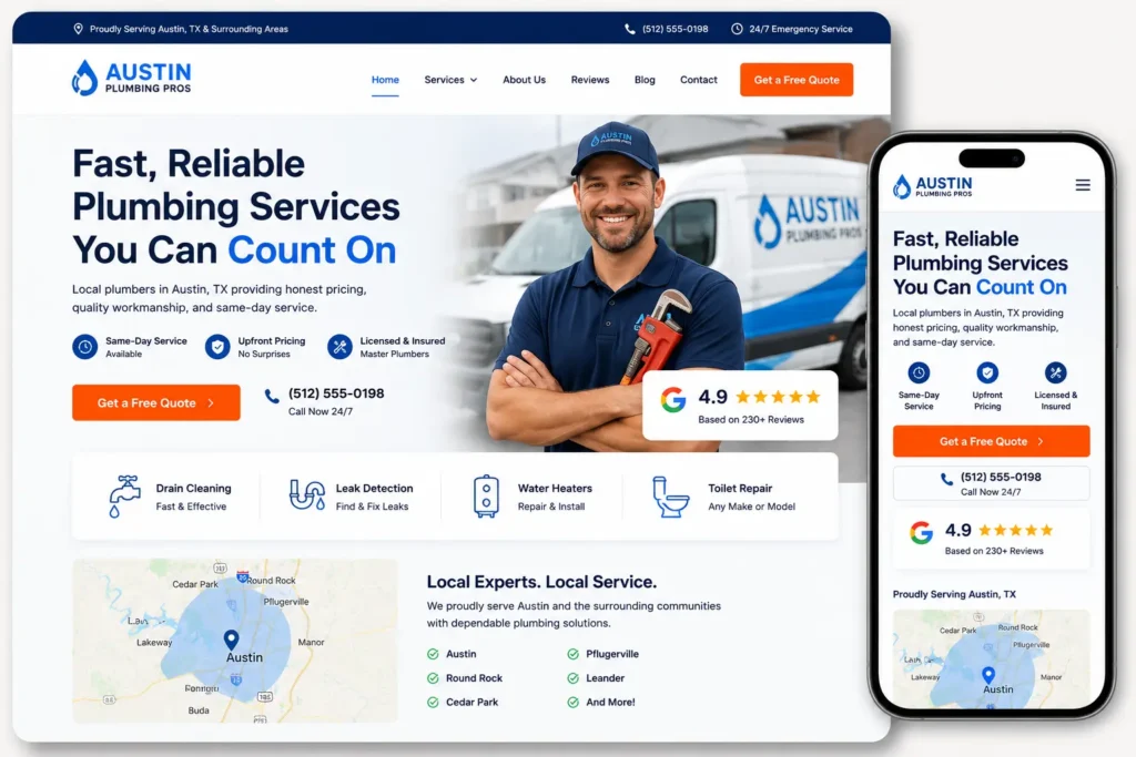 Business homepage examples featuring a responsive local plumbing website with a clear headline, free quote button, customer reviews, and Austin service areas.