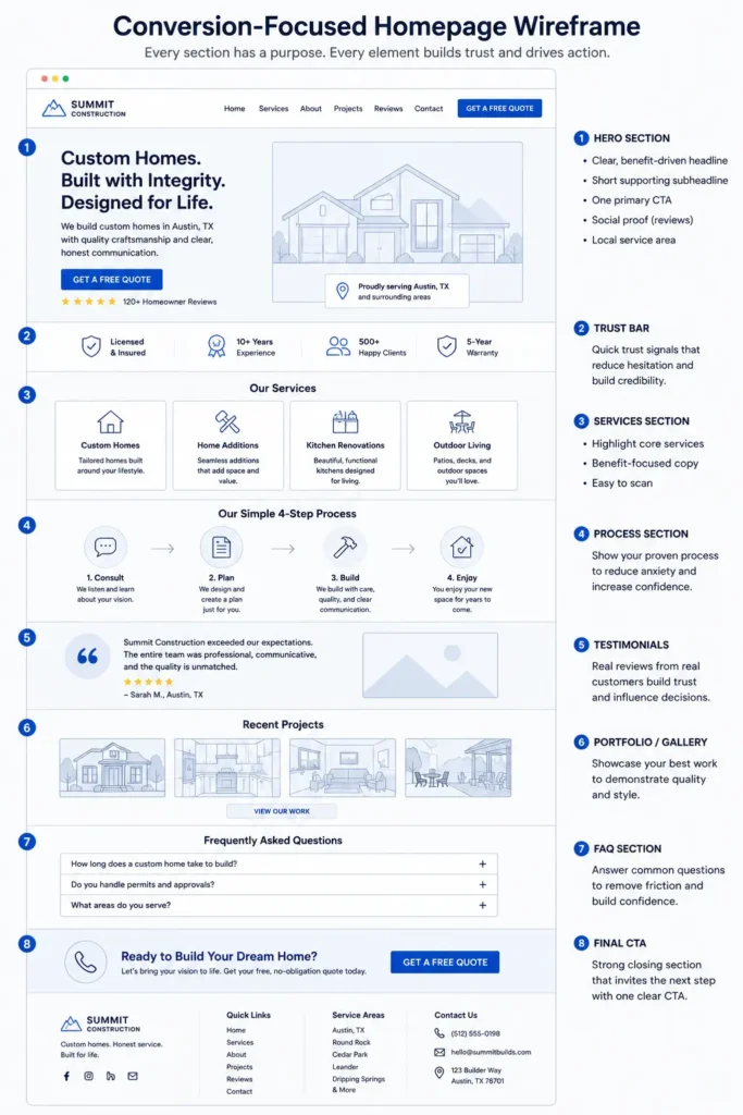 Conversion-focused homepage wireframe for a small business with sections for the headline, trust bar, services, process, testimonials, portfolio, FAQ, and final CTA.