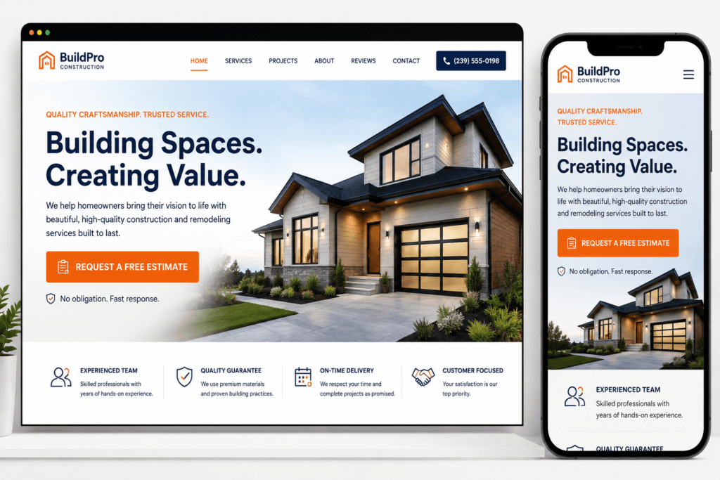Homepage call to action examples shown in a desktop and mobile website mockup with a clear headline and request a free estimate button.