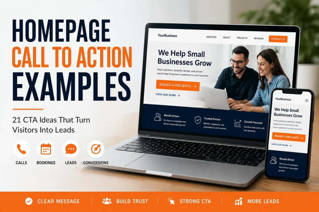 Homepage call to action examples showing a small business website with quote, booking, and lead generation buttons.