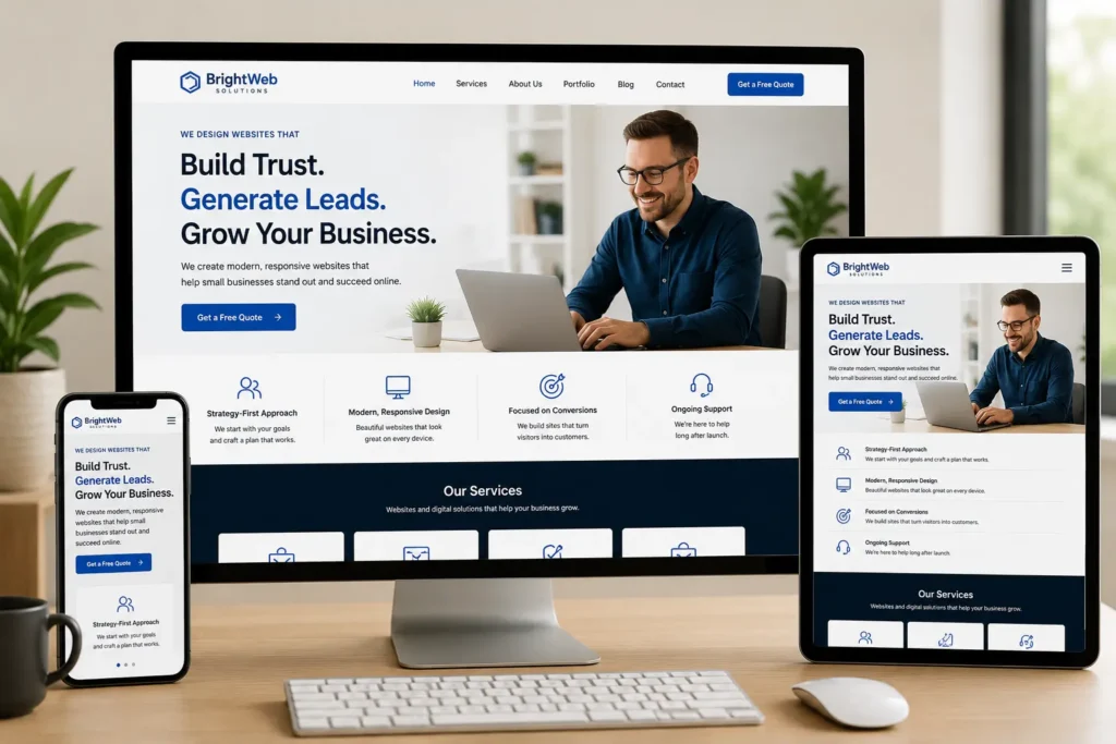 Homepage design checklist example showing a responsive small business website on desktop, tablet, and mobile devices with clear calls to action and trust-focused design.