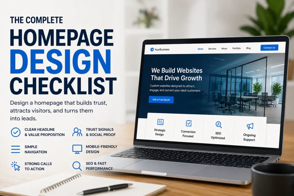 Small business homepage design checklist showing clear headlines, trust signals, simple navigation, mobile-friendly design, calls to action, SEO, and fast performance.