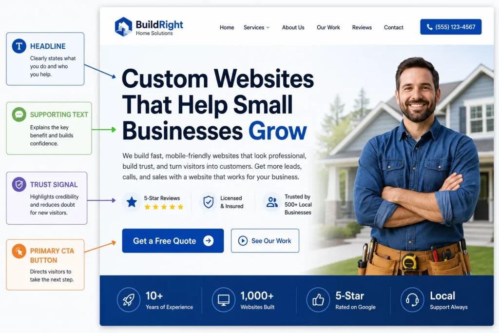 Labeled small business homepage hero section showing a clear headline, supporting text, trust signals, and a primary call-to-action button.