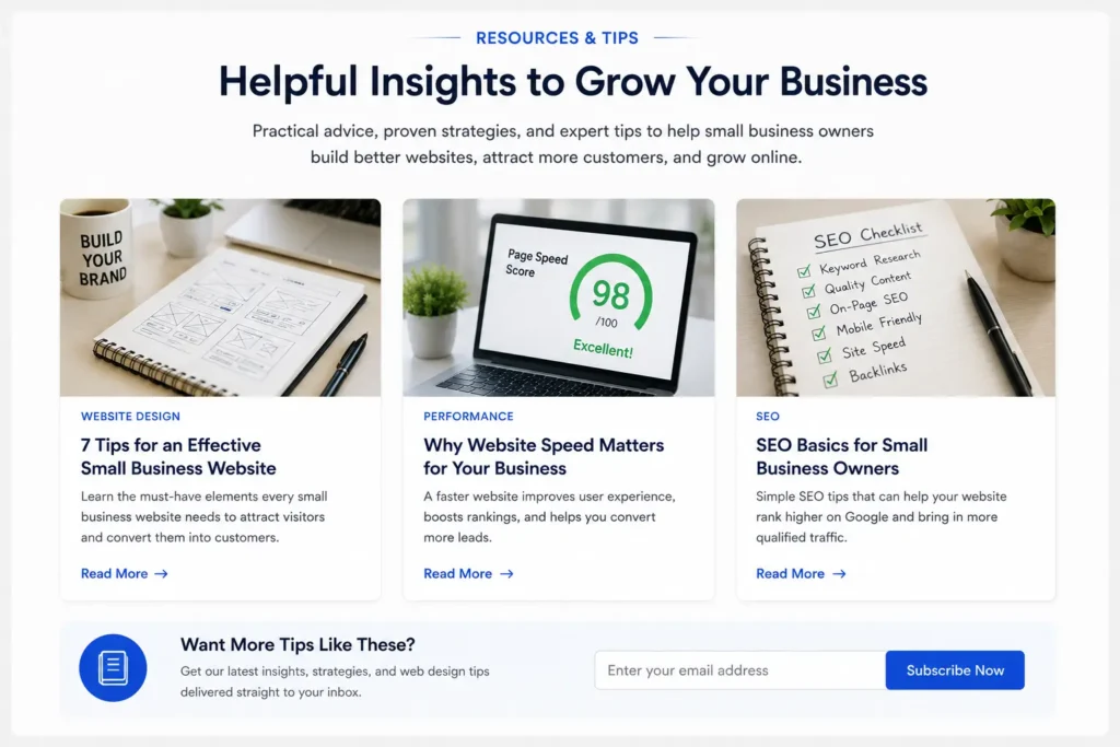 Homepage layout for small business featuring a content section with helpful blog articles, SEO resources, and website design tips to educate visitors and generate more leads.