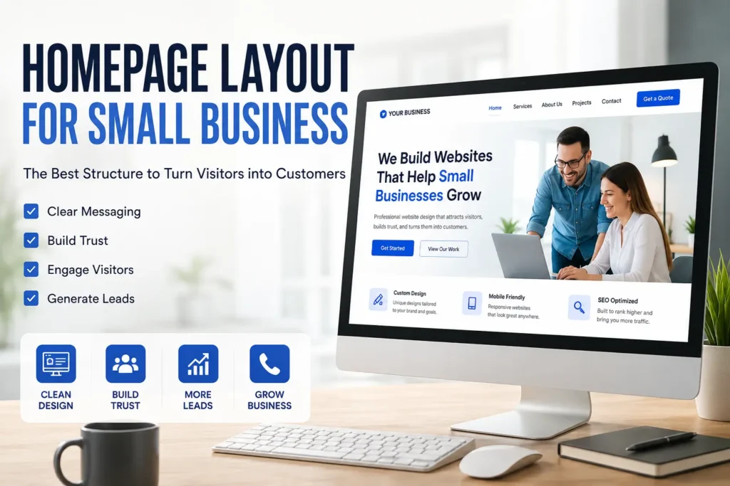 Homepage layout for small business showing a modern website design that improves user experience, builds trust, and increases leads.