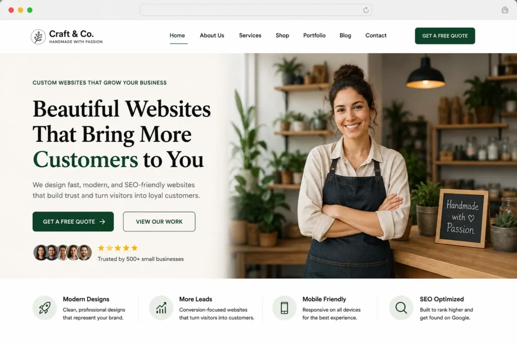 Homepage layout for small business with a modern hero section featuring clear messaging, strong call-to-action, trust signals, and conversion-focused website design.