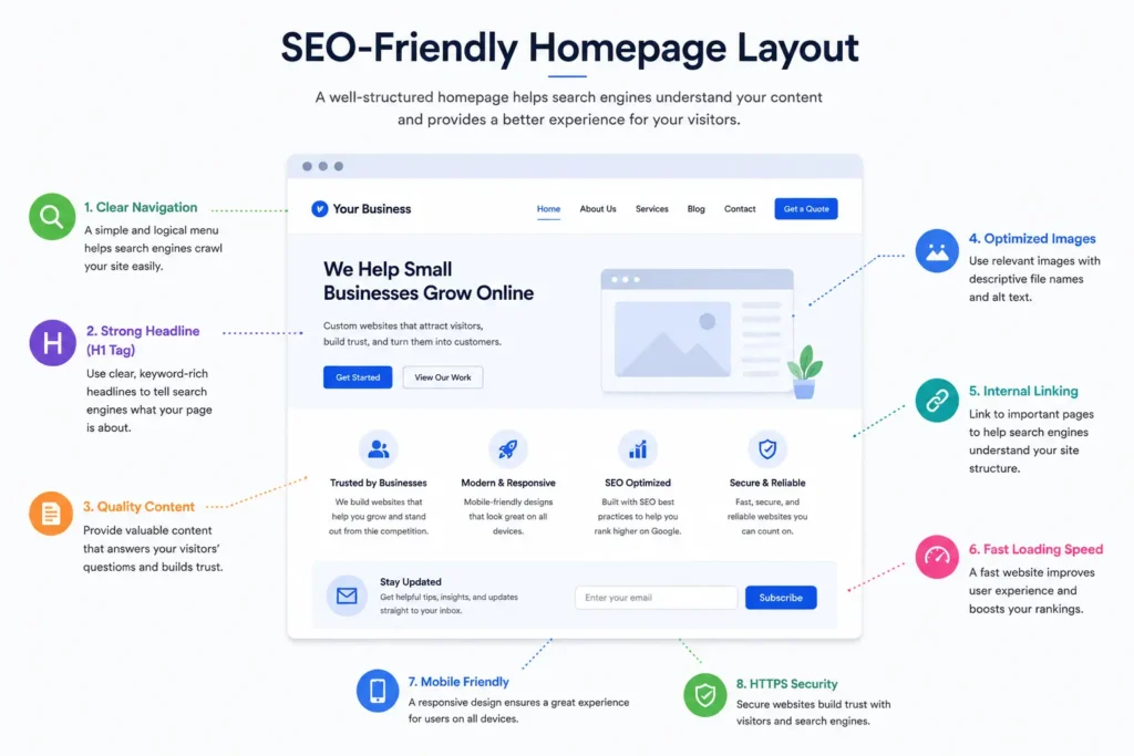 Homepage layout for small business SEO diagram showing website structure, keyword optimization, internal linking, mobile-friendly design, fast loading speed, and user experience best practices.