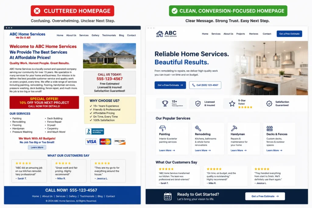 Side-by-side comparison showing homepage mistakes small businesses make versus a clean, conversion-focused homepage with clear messaging, trust signals, and strong calls to action.
