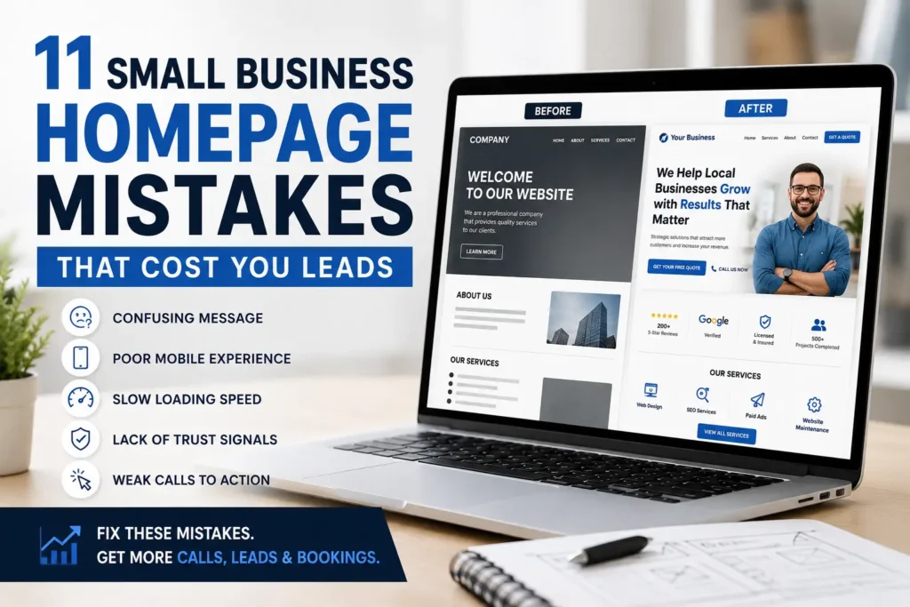Featured image showing common homepage mistakes small businesses make, including confusing messaging, slow loading, weak calls to action, and missing trust signals.