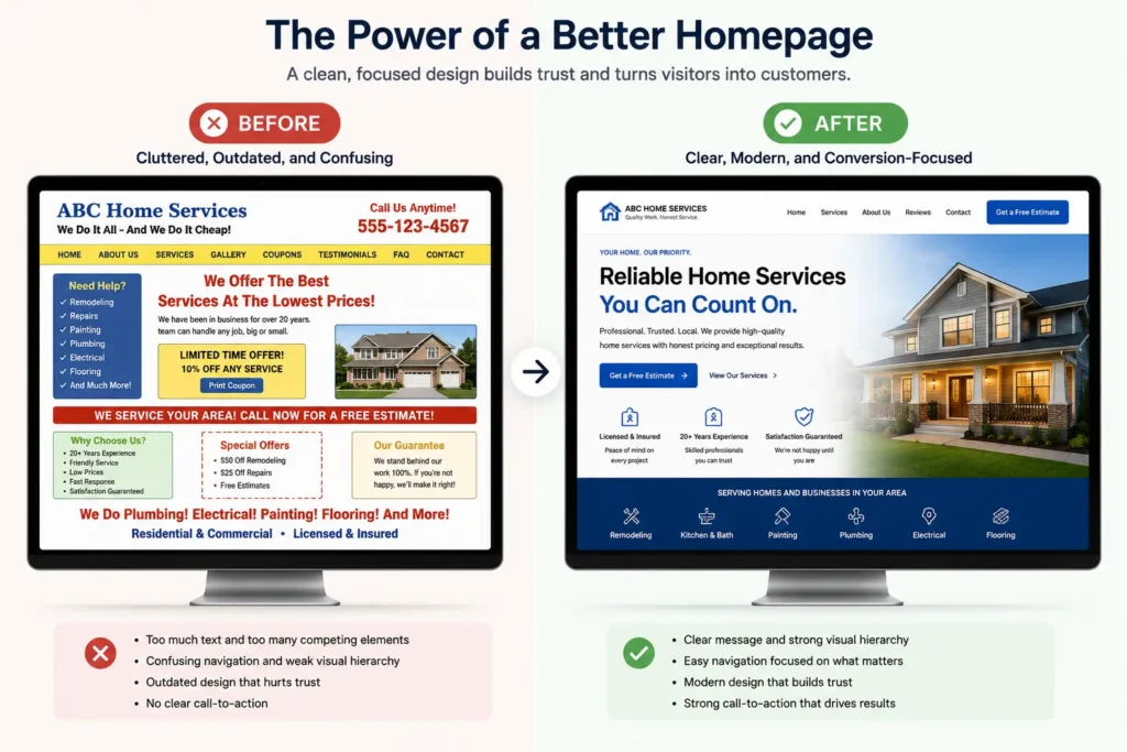 Before-and-after homepage redesign comparison showing a cluttered website beside a clear, conversion-focused homepage with better navigation, trust signals, and calls to action.