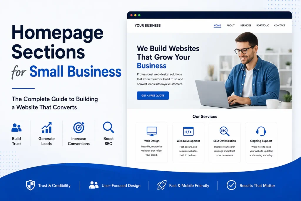 Homepage sections for small business website showing a modern homepage layout with hero section, services, SEO elements, trust signals, and call-to-action designed to generate leads.