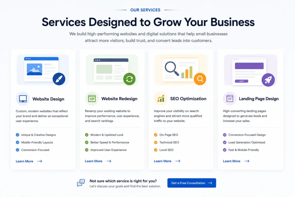 Homepage sections for small business featuring service cards for website design, website redesign, SEO optimization, and landing page design to improve conversions and user experience.