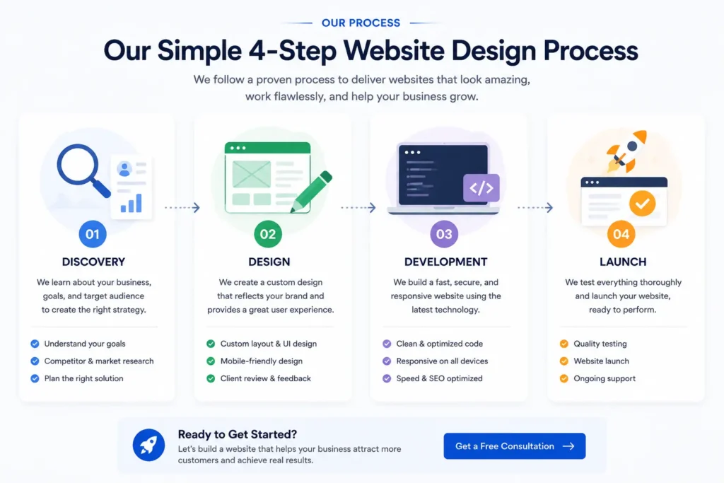 Homepage sections for small business showing a simple four-step website design process infographic including discovery, design, development, and launch to improve conversions.