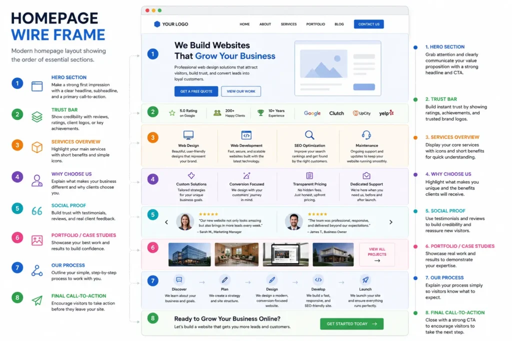 Homepage sections for small business wireframe illustrating the ideal homepage layout with hero section, trust signals, services, testimonials, portfolio, process, and call-to-action for higher conversions and SEO.