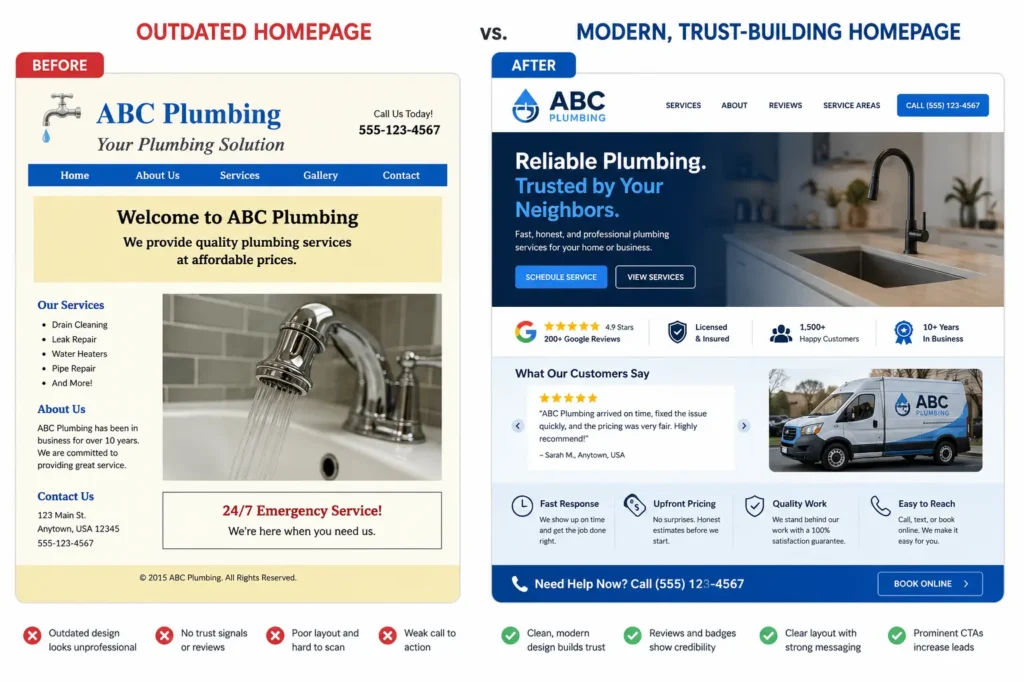 Homepage trust signals comparison showing an outdated small business website beside a modern redesign with reviews, credentials, clear contact details, and stronger calls to action.
