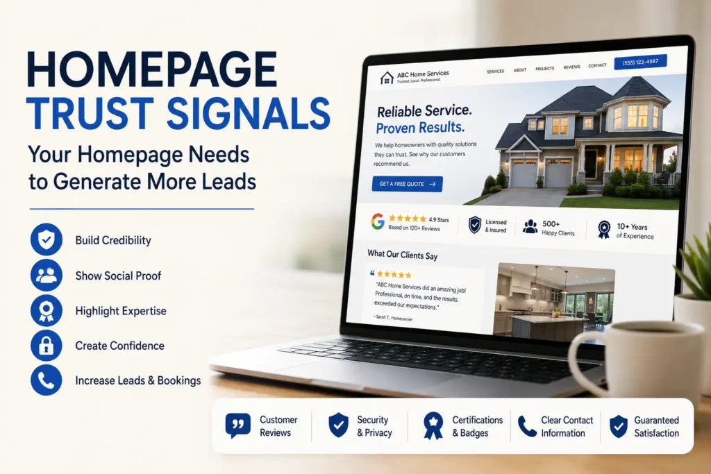 Homepage trust signals infographic showing customer reviews, security, certifications, contact information, and a professional website designed to generate more leads.