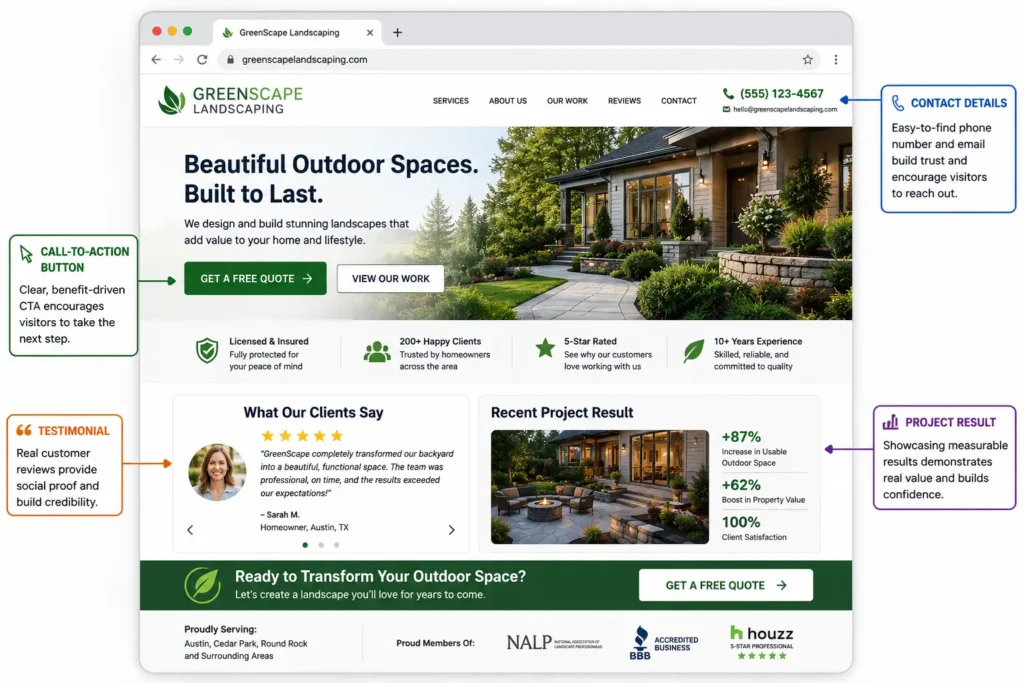 Small business website mockup showing homepage trust signals, including a testimonial, project results, contact details, trust badges, and clear call-to-action buttons.