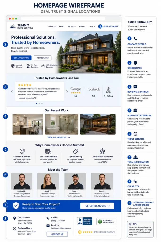 Homepage trust signals wireframe showing ideal locations for reviews, credentials, portfolio examples, team information, guarantees, calls to action, and contact details.