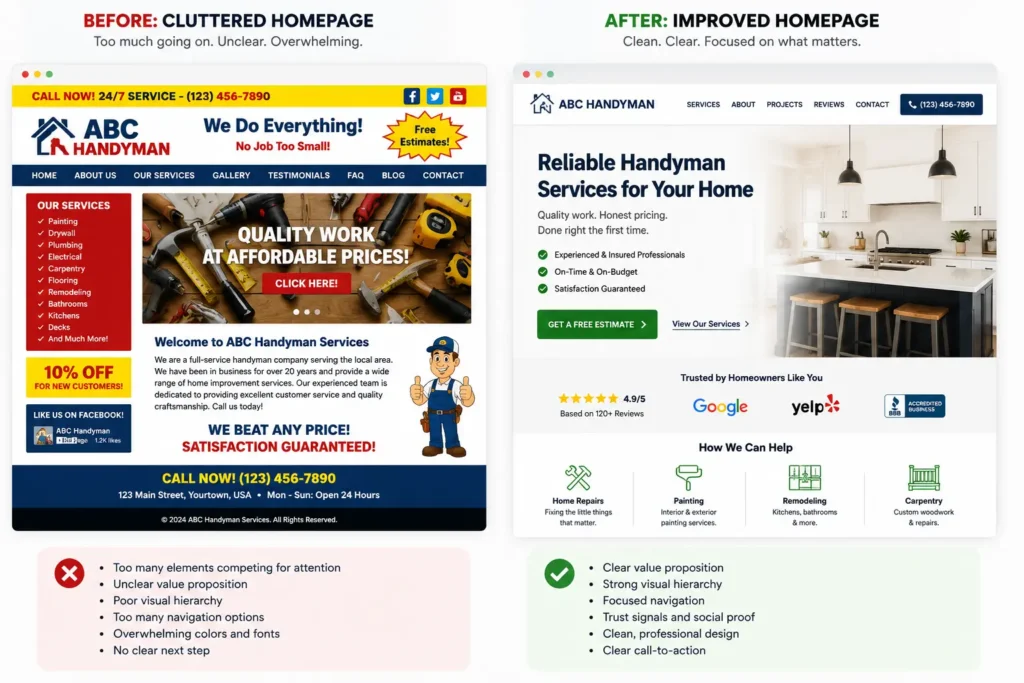 How to improve your homepage with a cleaner layout, clear headline, trust signals, focused navigation, service summary, and strong call-to-action.
