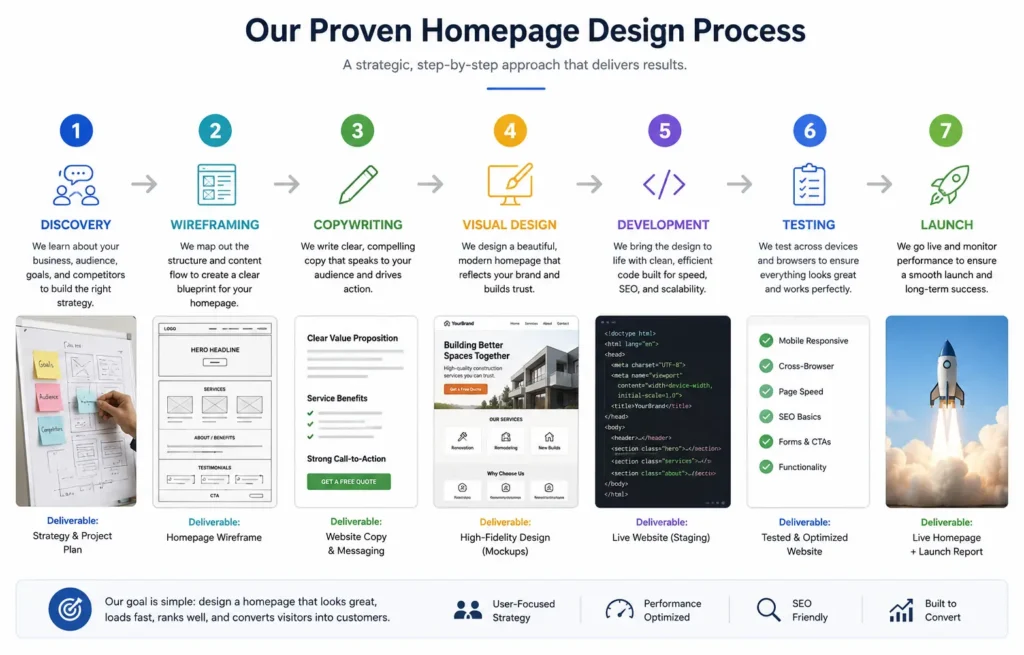 Professional homepage design process showing discovery, wireframing, copywriting, visual design, development, testing, and website launch.