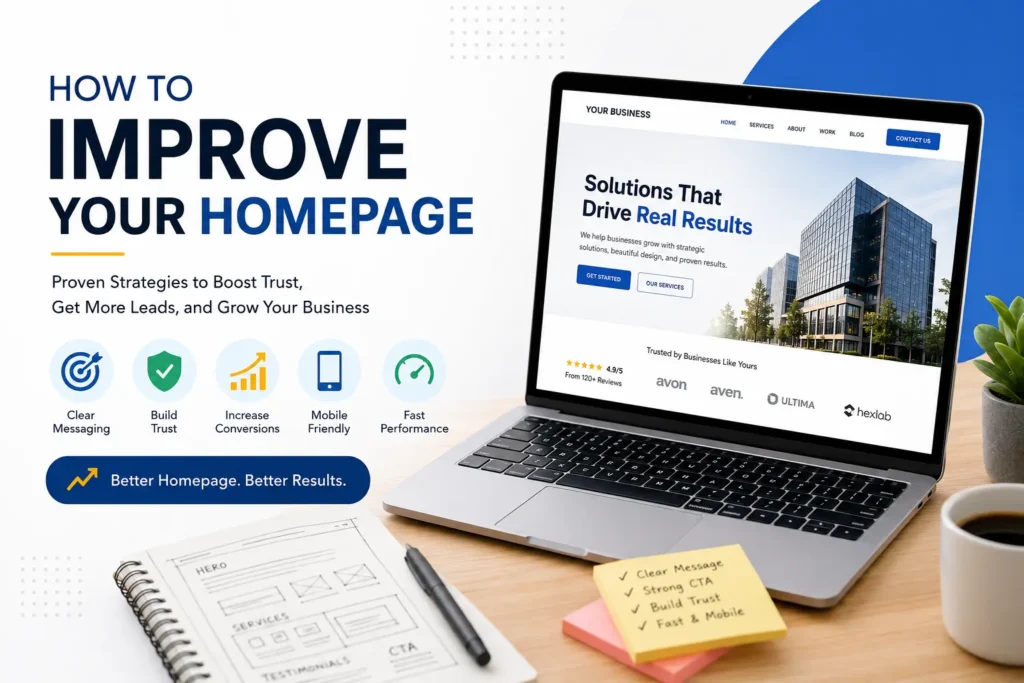 How to improve your homepage with clear messaging, trust signals, mobile-friendly design, faster performance, and stronger conversions.