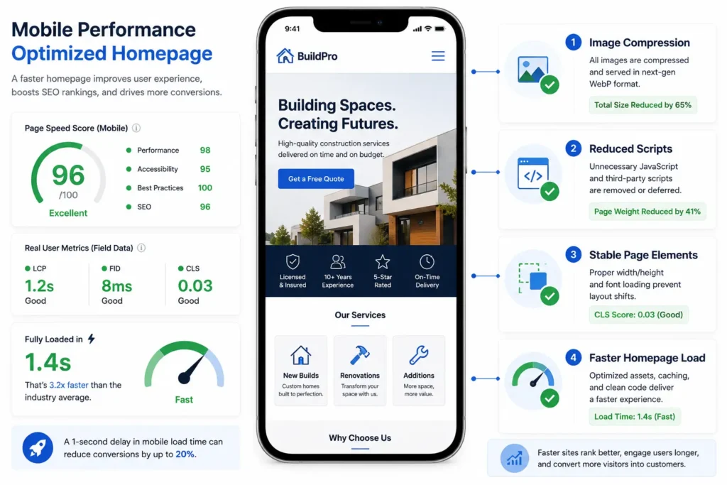 Mobile homepage performance optimization showing image compression, reduced scripts, stable page elements, faster load speed, and improved SEO performance.