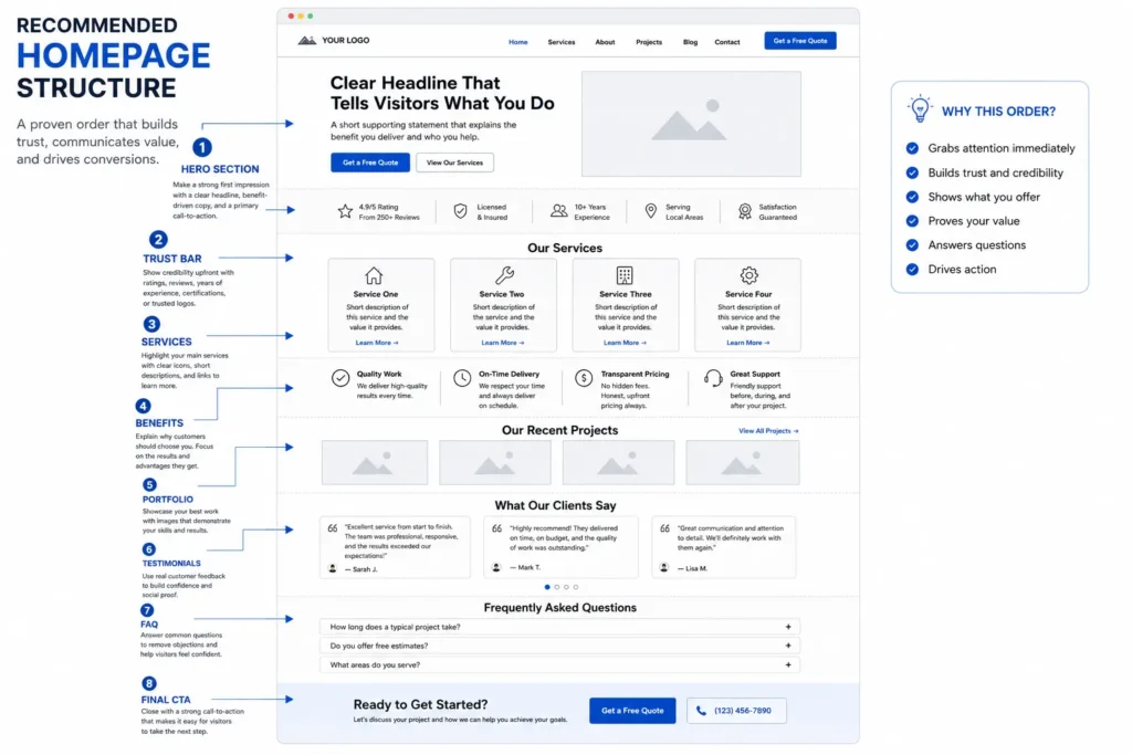 Annotated homepage wireframe showing how to improve your homepage with a hero section, trust bar, services, benefits, portfolio, testimonials, FAQ, and final call to action.