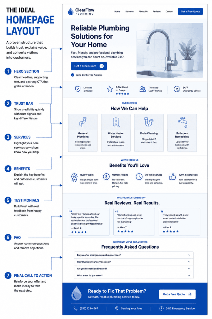 Vertical small business homepage wireframe showing the ideal order of hero section, trust bar, services, benefits, testimonials, FAQ, and final call to action.