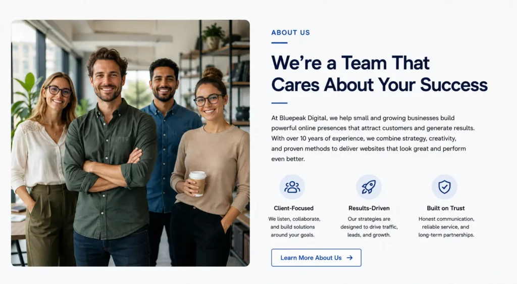 What should be on homepage example showing an authentic owner or team photo beside a short company introduction and an About Us link.