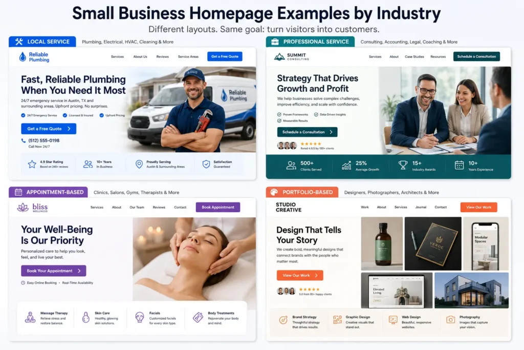 Small business homepage examples by industry comparing local service, professional service, appointment-based, and portfolio website layouts.