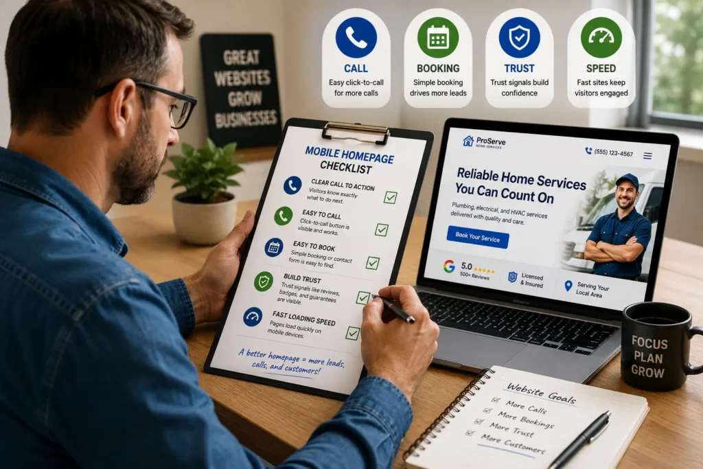 Small business owner reviewing a mobile homepage checklist beside a laptop with visible call, booking, trust, and website speed icons.