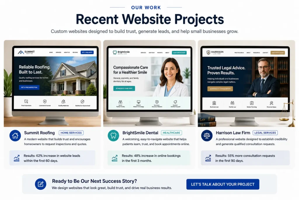 Small business website portfolio featuring home services, healthcare, and legal website projects designed to build trust, generate leads, and increase bookings.