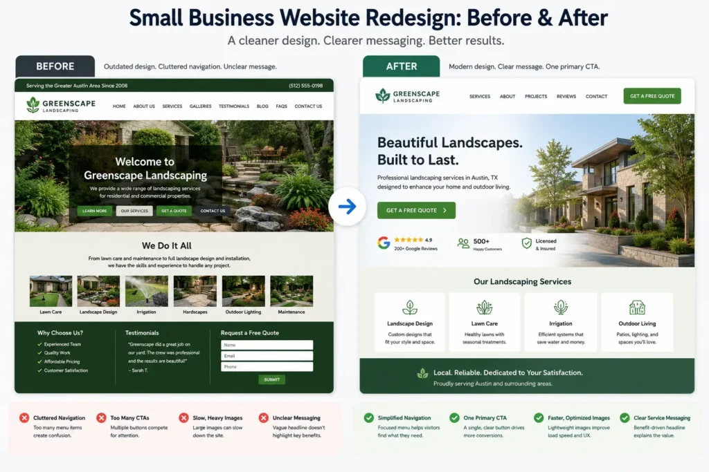 Small business website redesign before and after showing simplified navigation, faster-loading images, clearer service messaging, and one primary call-to-action.