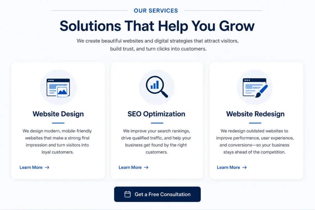 What should be on homepage example showing a three-card service section with descriptive titles, benefit-focused copy, and individual links for website design services.