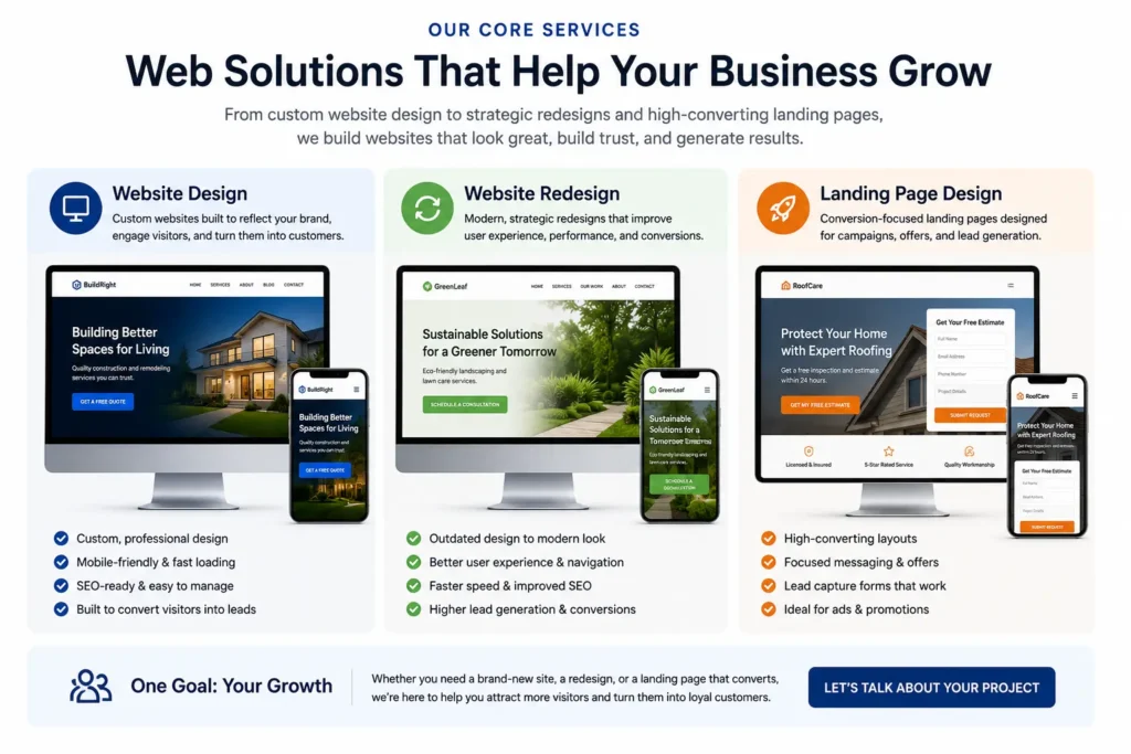 Three-column visual showing website design, website redesign, and landing page services for small businesses focused on trust, SEO, leads, and conversions.