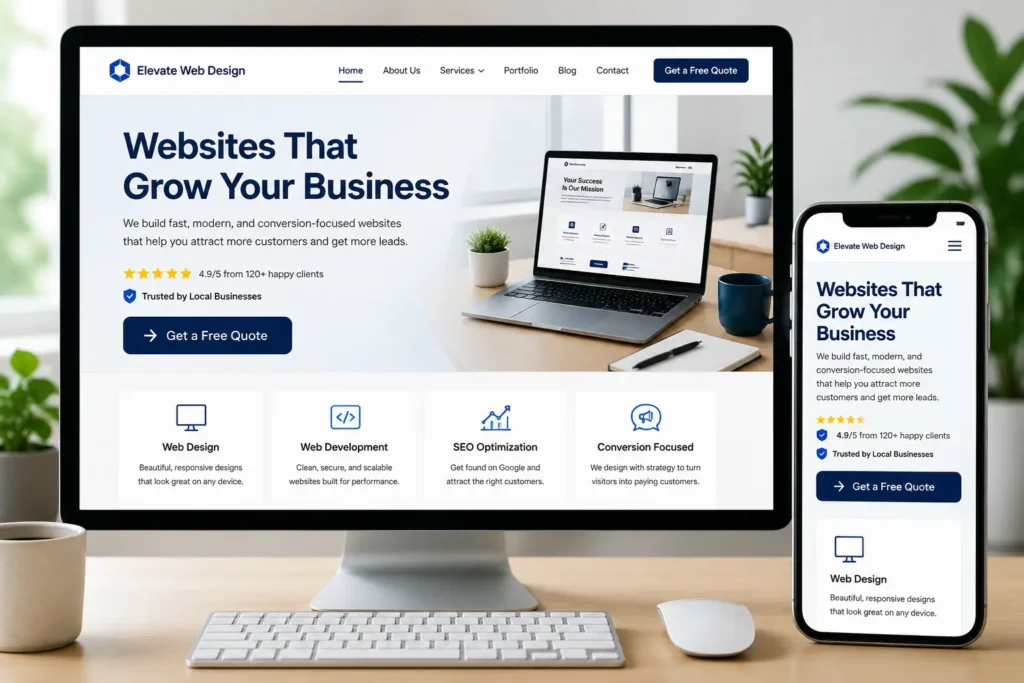 What should be on homepage example showing a desktop and mobile website mockup with a clear headline, trust signals, services, and a strong call-to-action button.