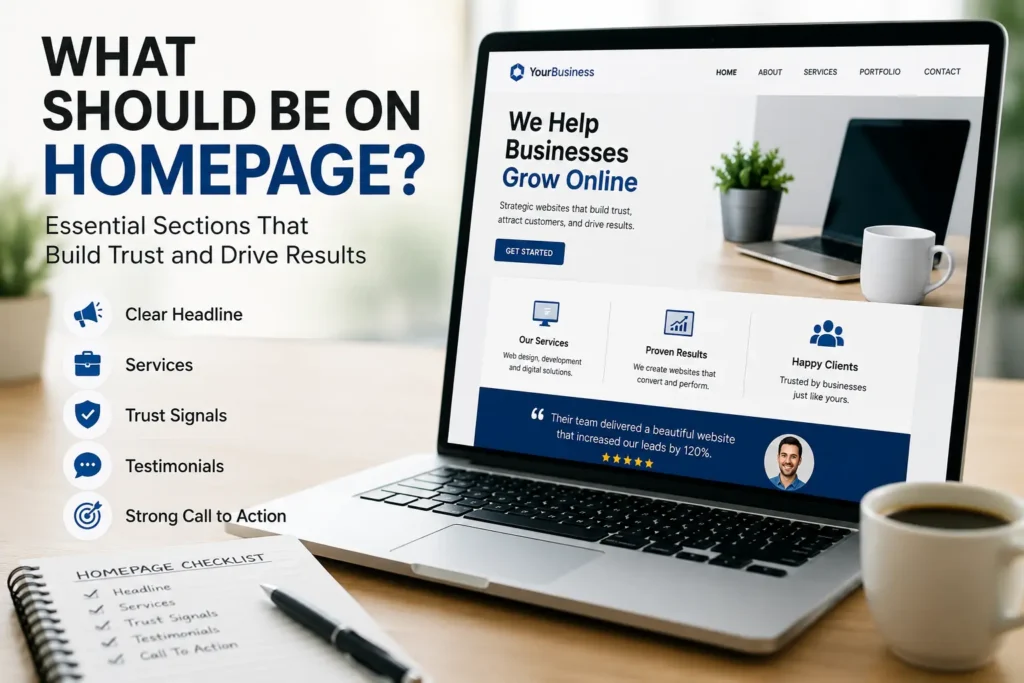 What should be on homepage guide showing essential website sections including headline, services, trust signals, testimonials, and call to action.